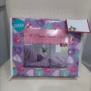 Valentine's Day ❤️ Purple/Pink/Multi Colors Candy Hearts Motif QUEEN Sheet Set